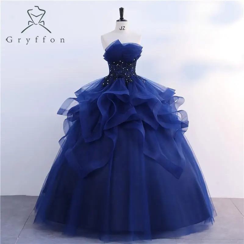 New Vestidos Quinceanera Dresses Strapless Party Dress Luxury Lace Ball Gown Navy Blue Prom Dress 14 Colors Quinceanera Gown