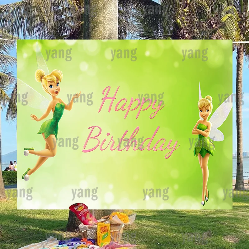 

Disney Peter Pan Tinker Bell Miss Elastic Background Birthday Party Decoration Yellow Green Bubble Photography Backdrop Wall