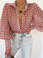 elegant lapel pattern print lantern sleeve tops women casual single breasted office blouses new spring fashion shirts streetwear