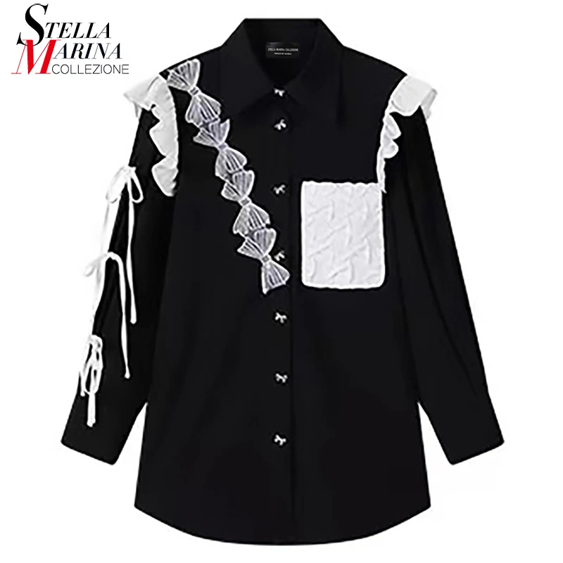 

Korean Style New Woman Long Sleeve Hipster Big Size Casual Black Blouses Bows Ruffles Pocket Decorated Girls Cute Shirt WQ7766