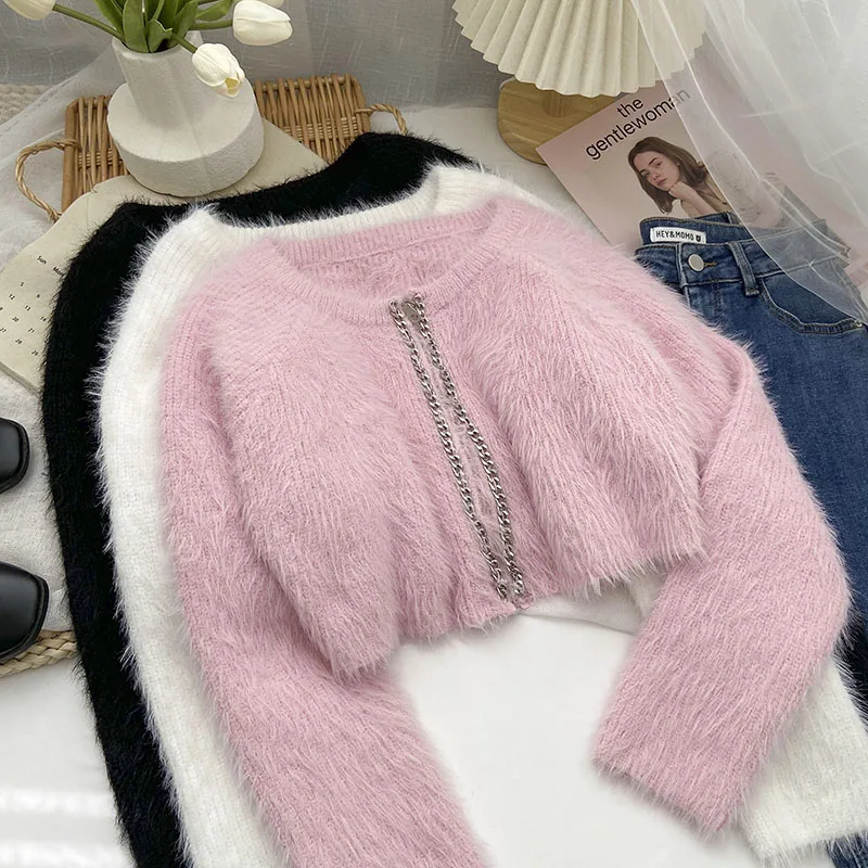 

Knitted Sweater Korean Style Women O-Neck Fluffy Zipper Sweaters Short Pullover Female Casual Lady Slim Fit Clothes Dropshipping