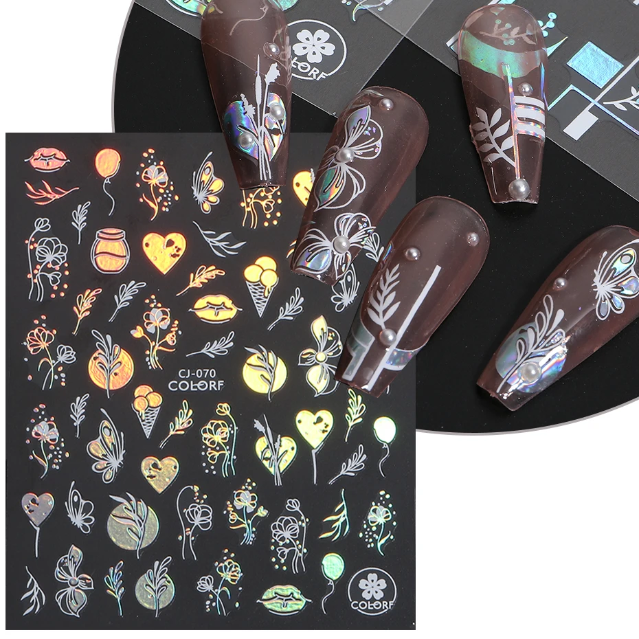 3D наклейка для ногтей голографический лазер простой цветок листья слайдеры