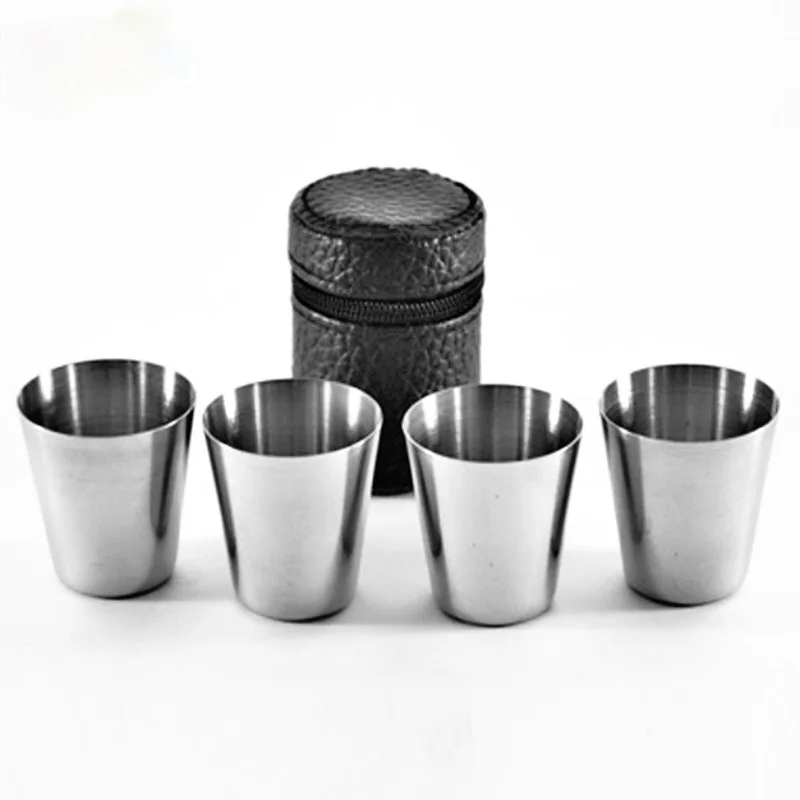 

4Pcs/set PU Cover Portable 30ml Stainless Steel Wine Cups Drinking Vodka Whisky Liquor Alcohol Bottle Mug Travel Accessories