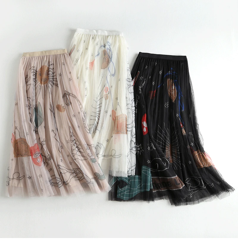 

TFETTERS Black Skirt Woman 2022 New Korean Fashion Printing Long Skirt Casual Hight Waist Pleated Shirt for Women Clothing