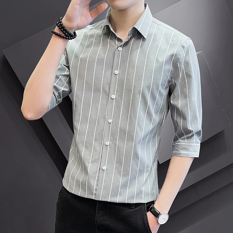 Mid Sleeve Men's Shirts Fashion Striped Casual Shirts Lapel Button Shirts