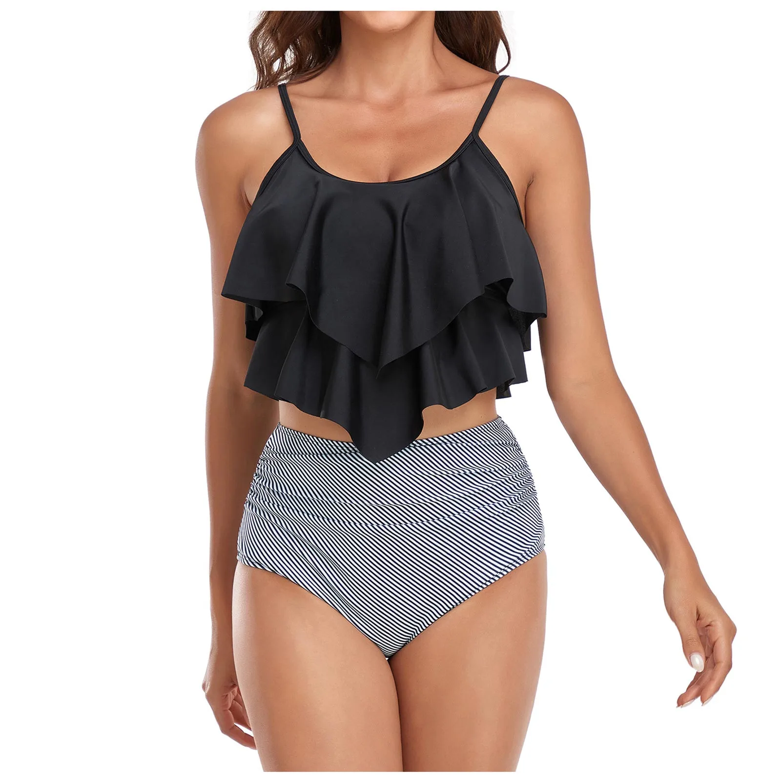 

2022 New Swimsuit Women's Split Double Ruffle High Waist Bikini With Chest Pads Without Steel Bra Bathing Suit Female Bikini Set