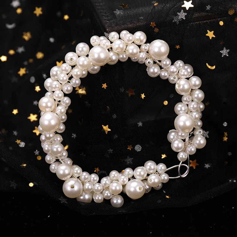 

Simple Big Small Full Pearls Silver Color Headbands For Bride Women Tiaras Hair Vines Bands Handmade Wedding Hair Accessories