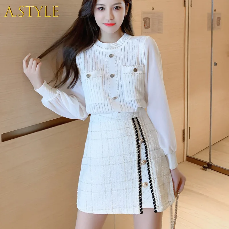 A GIRLS Spring Korean Elegant 2 Piece Set Women Suits Long Sleeve Knitted Top + Slim A-line Mini Tweed Skirt Set Fashion