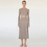 womens elegant two piece solid color ribbed knit long sleeve high waist side split maxi skirt