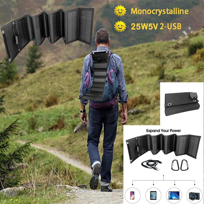 

Outdoor Foldable Waterproof Solar Panel 5V 25W For Iphone Samsung Power Bank USB Portable Solar Charger Camping Accessories
