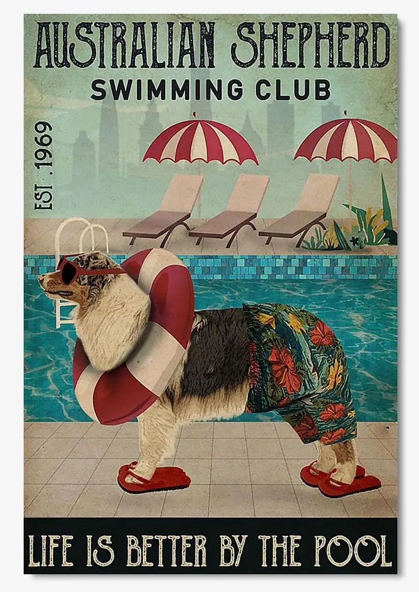 MTou Chrstms Metl Tn Sgn ustrln Shepherd Swmmng Club Lfe s Better by The Pool for Brs Cfes Pubs 8x12 n Wll rt Decor