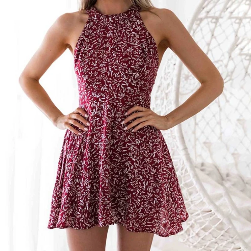 

Womens Boho Beach Summer Holiday Sundress Halter Floral Mini Dress Ladies Slim Sleeveless Vestido Playa