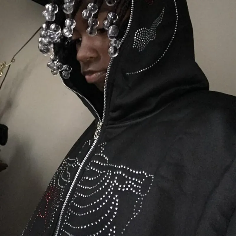 Модные популярные черные худи Стразы с принтом паутины скелета Y2k Goth длинным