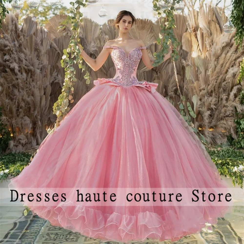 

Розовое платье с аппликацией из кристаллов, милое фатиновое платье принцессы, бальное платье на шнуровке, 15 лет, 2022