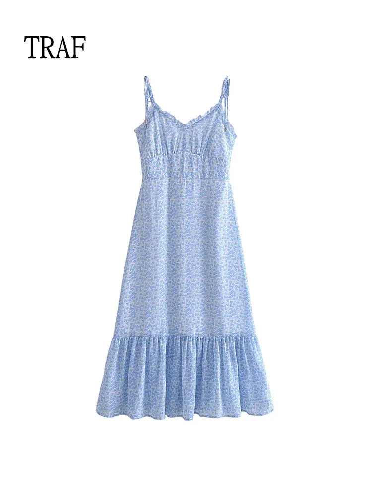 

TRAF Elegant Dresses For Women Slip Dress Vintage Print Adjustable Straps Long Dress Woman Clothes Summer Beach Vacation Vestido