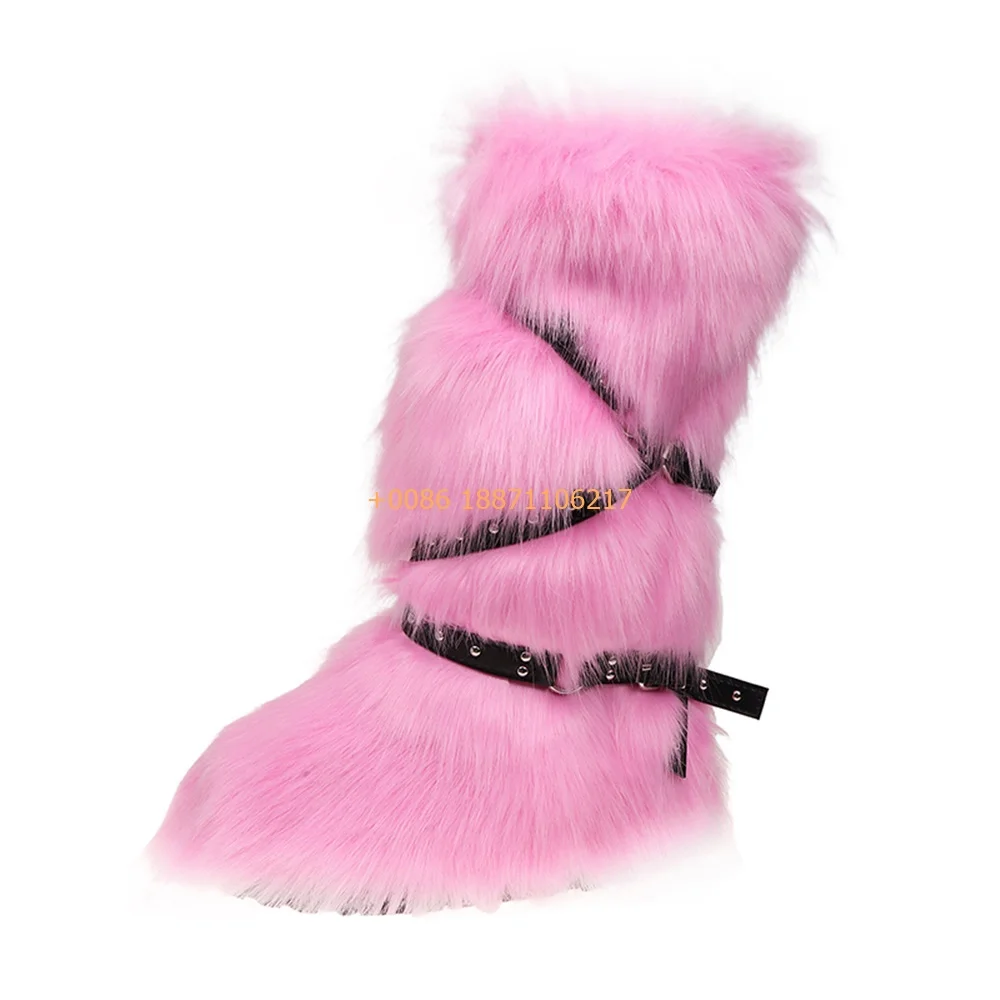 Осенне-зимние меховые ботинки с пряжкой на ремне новые модные женские толстой