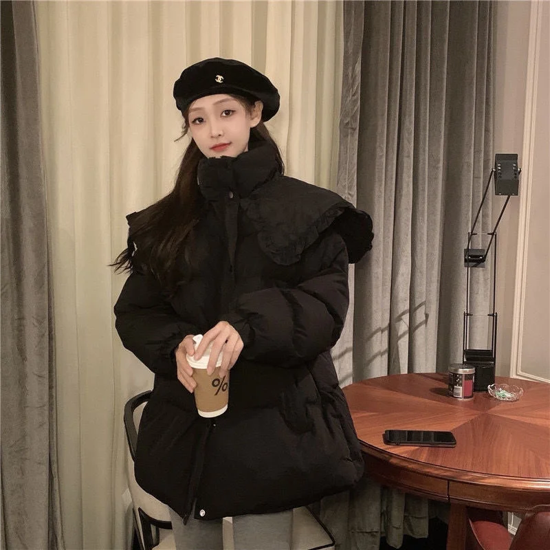 Winter Detachable Lace Collar Short Designer Jacket Women Hooded Korean Fashion Thick Warm Parkas Female Oversize Padded Clothes