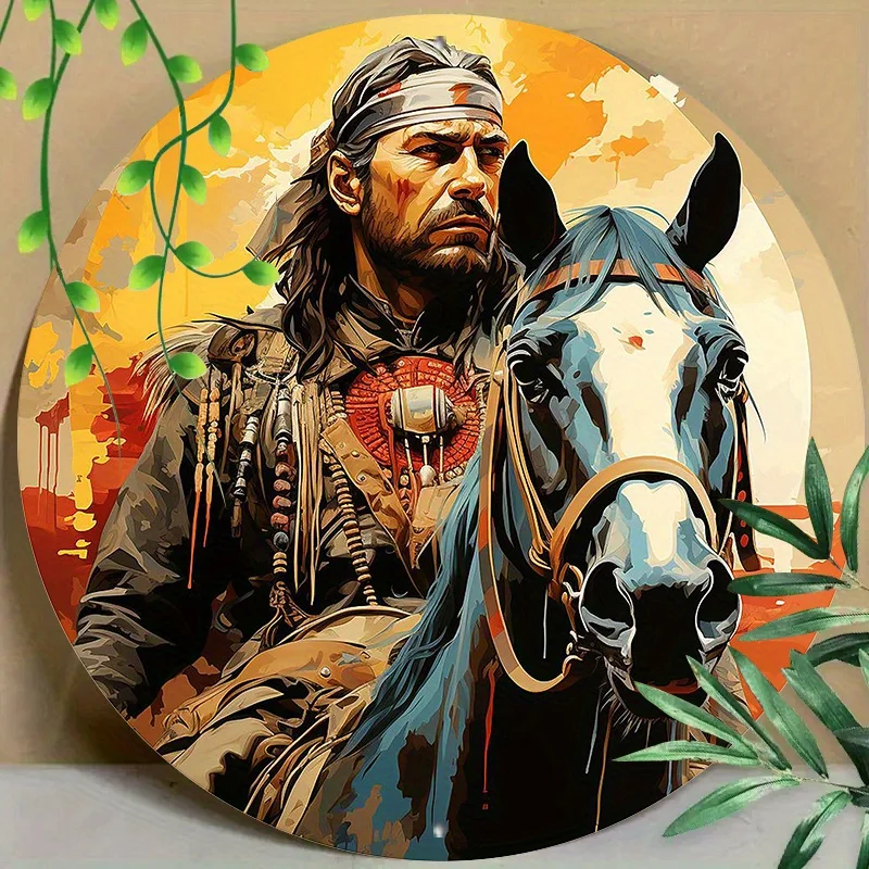 Круглая алюминиевая вывеска с многоразовой иллюстрацией лошади и всадника