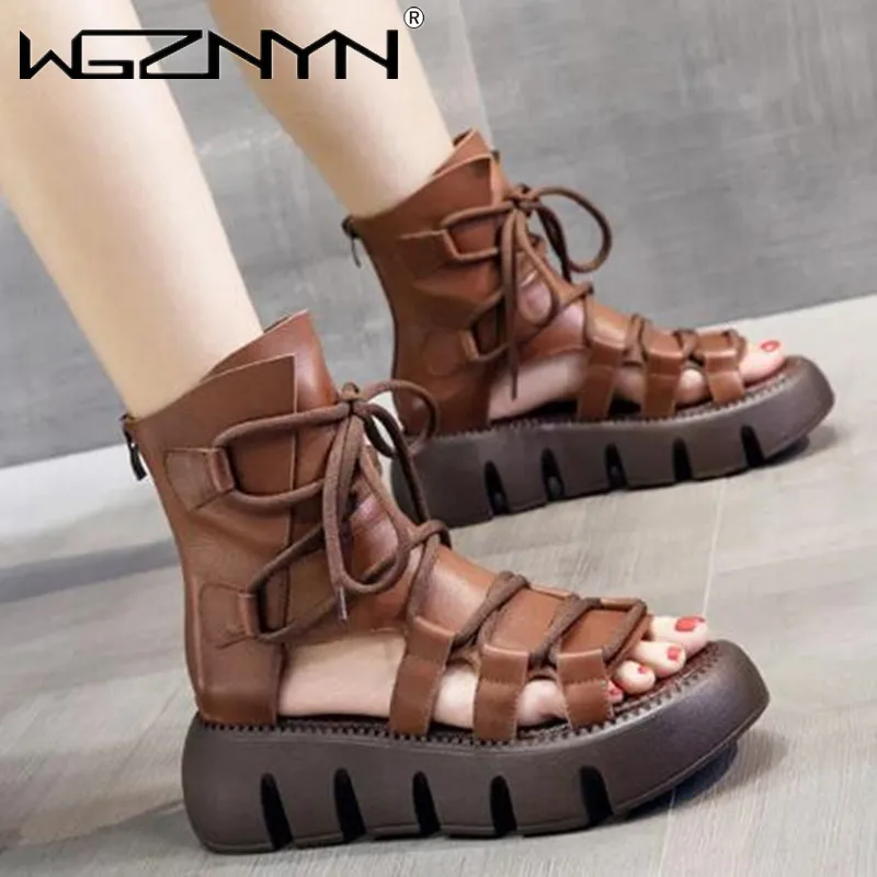 

Сандалии женские из натуральной кожи, босоножки на молнии, повседневная обувь на платформе, с перфорацией, на шнуровке, в ретро стиле, ручная...