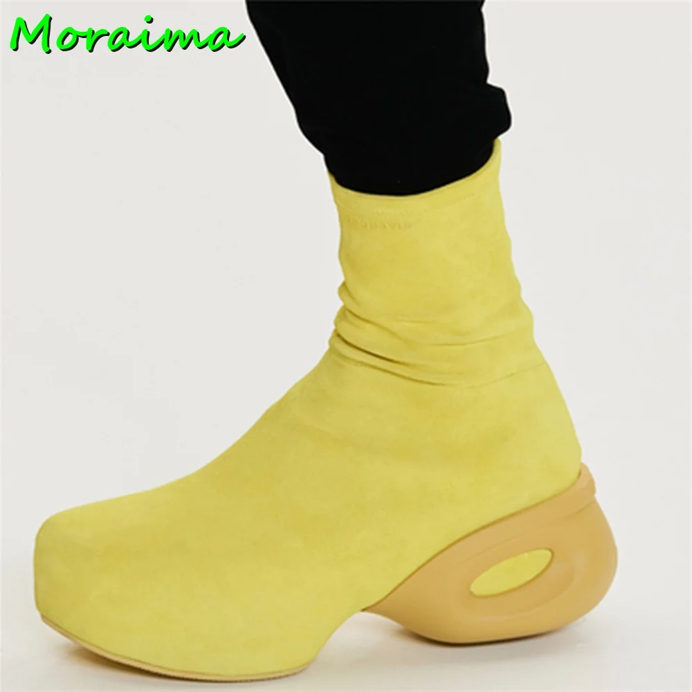 Platform Round Toe Elastic Ankle Boots Chunky Heel Side Zipper Green Solid Suede Leather Women Fashion Short Boots New Arrival