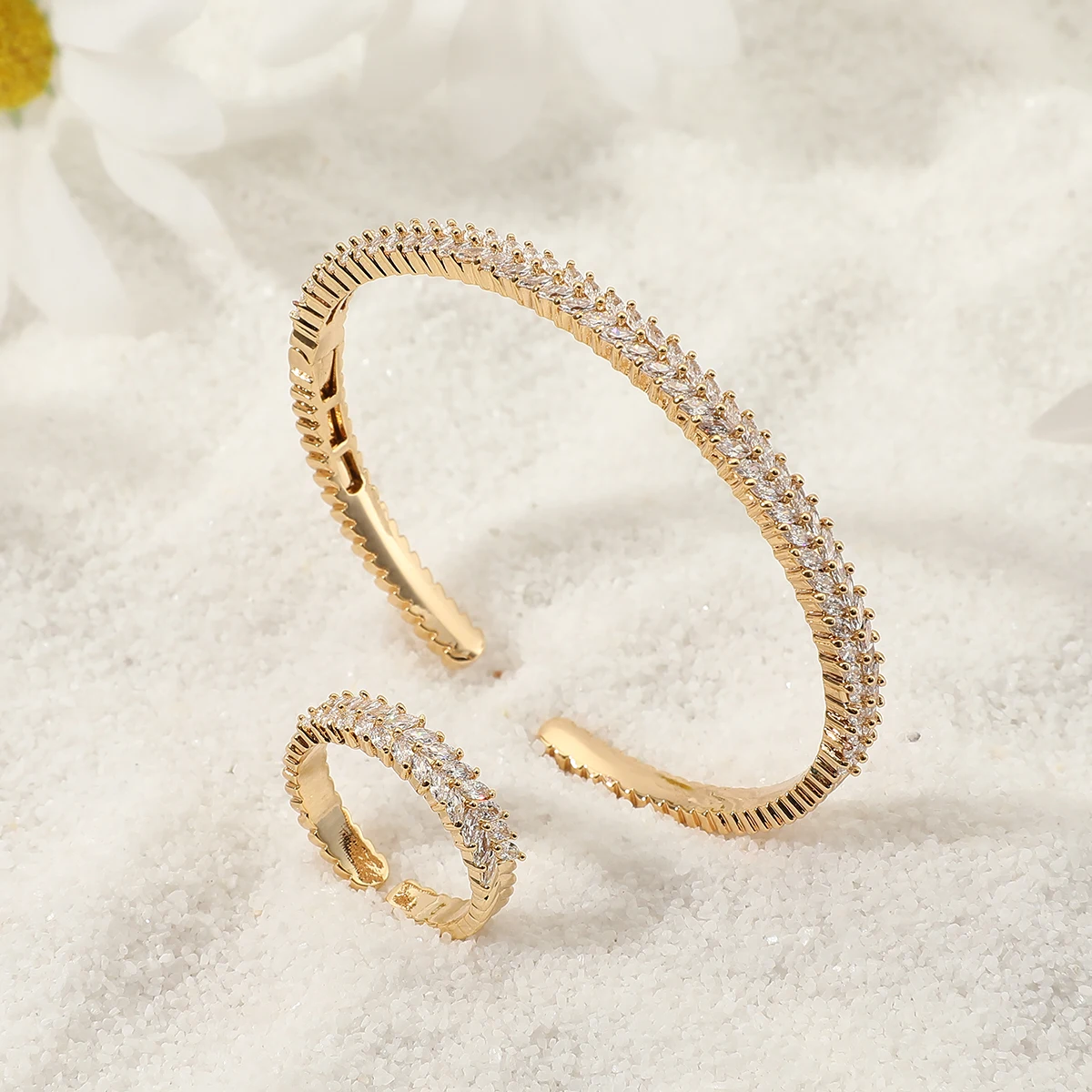 Модный умный Браслет-Багет с кубическим цирконием AAA и кольцо геометрический