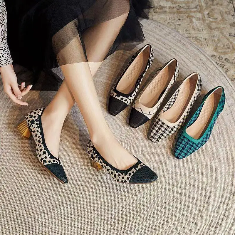 

Женские туфли на высоком каблуке, вязаные мягкие дышащие туфли на устойчивом каблуке, Нескользящие туфли с резиновой подошвой, 2023