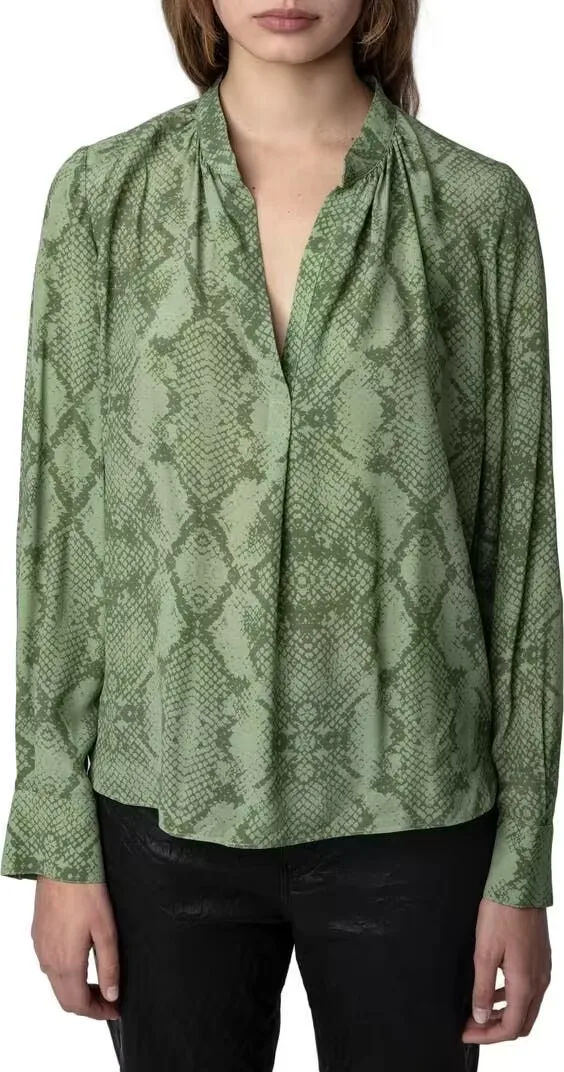 

Women 100% Viscose Blouses Serpentine Print Top Long Sleeve Vintage Loose 2023 Spring Summer Female Shirt