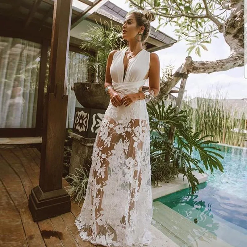

2021 Spring Summer Sexy Lace Hollow Out V Neck Beach Dresses Sleeveless Backless Evening Party Robes Holiday Casual Prom Vestido