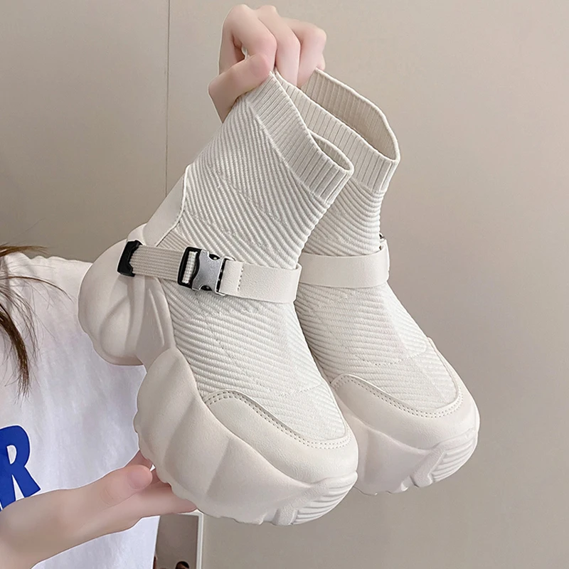 

Женские ботильоны-носки, новинка сезона осень-зима 2022, модные ботинки челси на плоской платформе, повседневная спортивная обувь, ботинки дл...