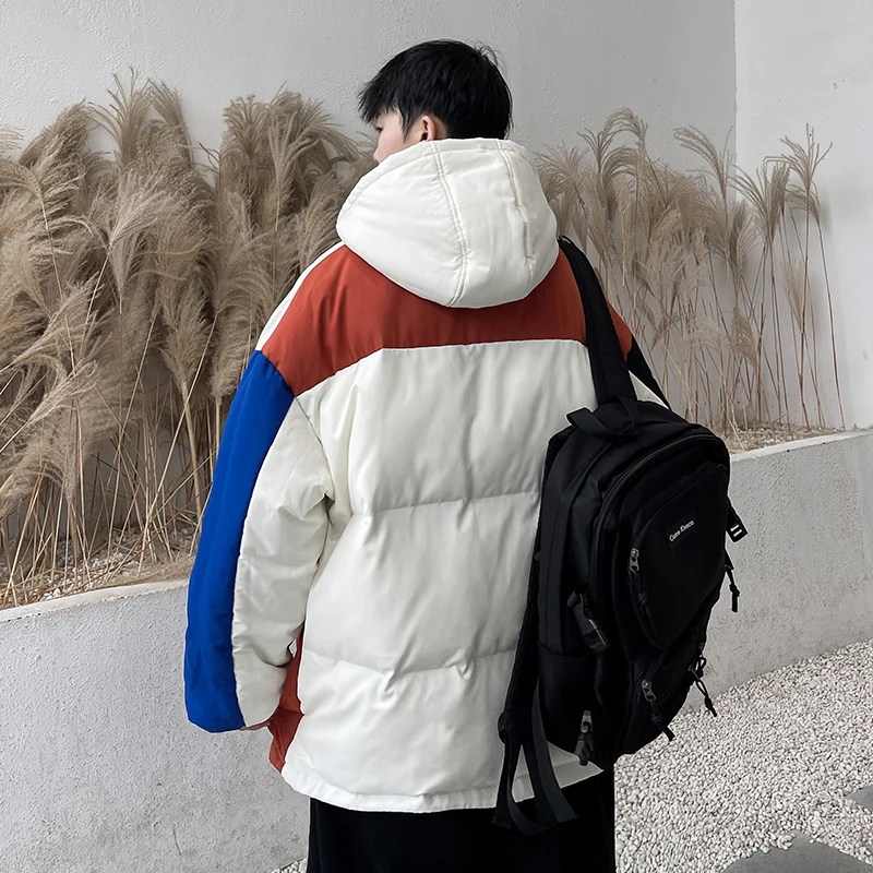 2022 New Winter Mens Hooded Parkas Thicking Casual Loose Warm Coat Korean Patchwork Style Ins Streetwear Cotton Jacket Oversized