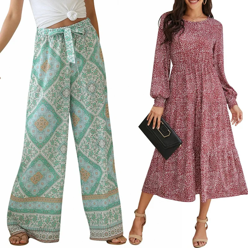

Vintage Pants Women Floral Print Wide Leg Bohemian Pants Green With Flowy Leopard Print Belted Casual Dress Burgundy XL