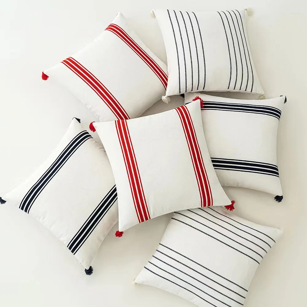 

Simple Stripe Pillow Cover 45x45cm Black Red Navy Tassels Home Decoration Living Room Bedroom Cotton Cushion Cover Sofa Bed