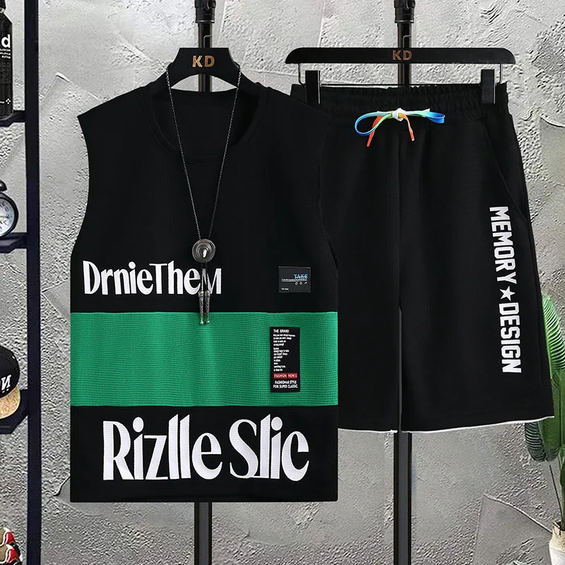 Live Broadcast Popular Sleeveless Vest Sportswear Suit Men's Summer Casual Running Summer Waffle Shorts T-shirt Men's Clothing