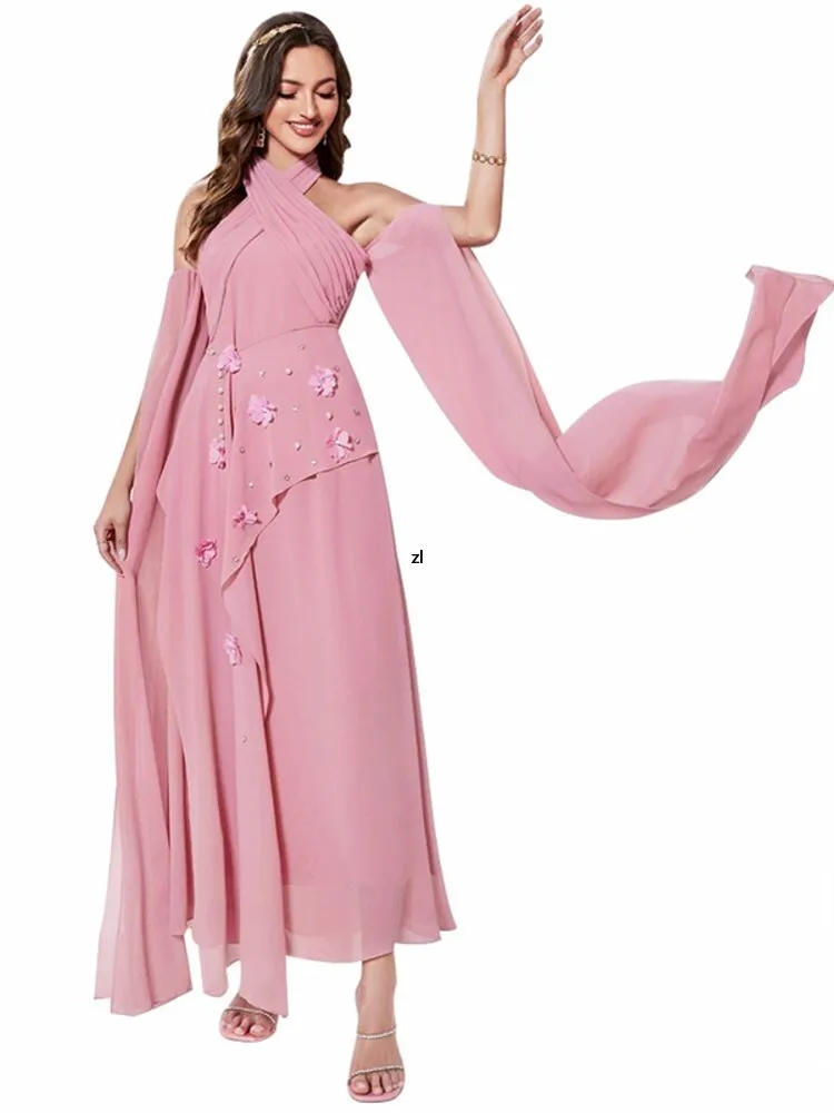 Abaya Muslim Long Dress Women Appliques Cross Halter Robes Summer New Solid Pink Elegant Sweet Dinner Party Muslim Maxi Dresses