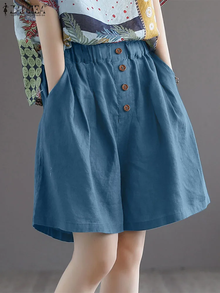 

ZANZEA Summer Fashion Shorts Woman Solid Color Pure Cotton Pant Female Elegant Knee Length Palazzo Vintage Holiday Trousers 2023