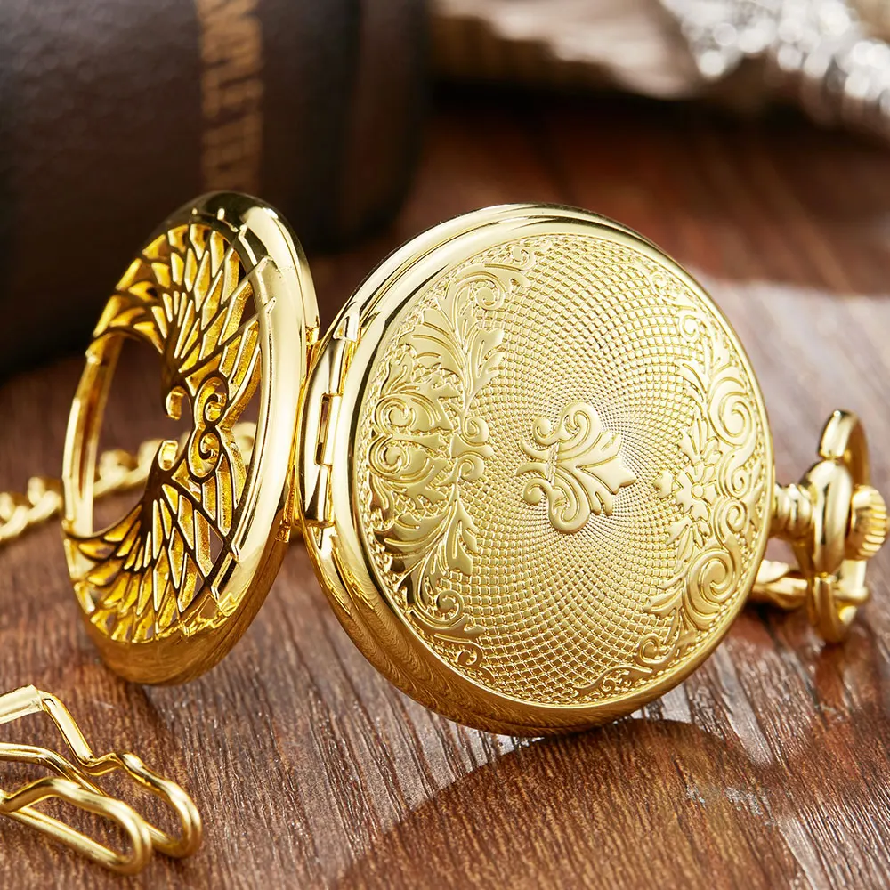 Vintage Golden Angel Double Wings Mehanical Pocket Watch FOB Chain Hollow Skeleton Hand Wind Mechanical Mens Womens Watch