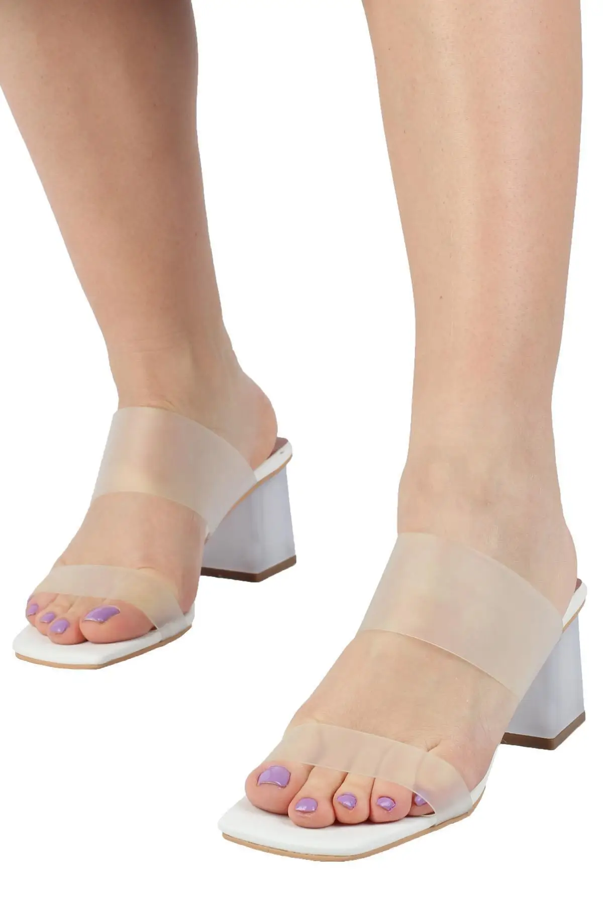 

White Transparent Thick Heels Casual Strappy Slippers