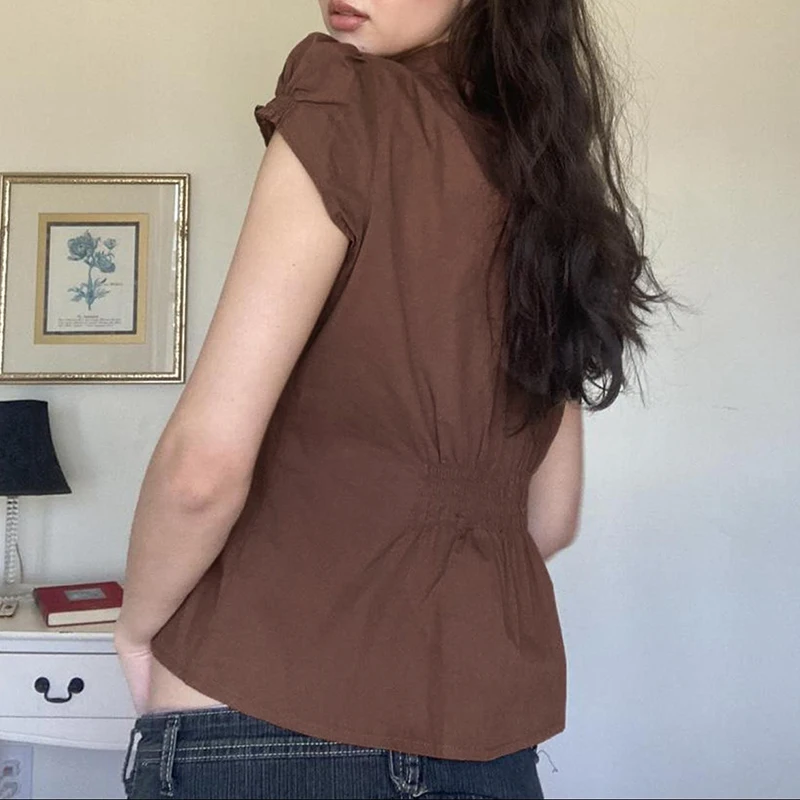 Coquette Brown Pleated Button T-shirt Women Short Sleeve Fitted Blouses 00s Aesthetic Fairy Y2k Vintage Crop Tops Cottage Tees