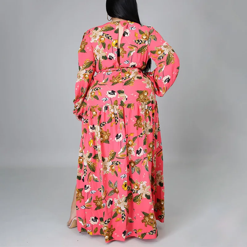 Casual Floral Printing High Waist Open Stitch Spring Autumn Clothes Plus Size Sexy Deep V-Neck Bandage Slit Maxi Dresses Womens