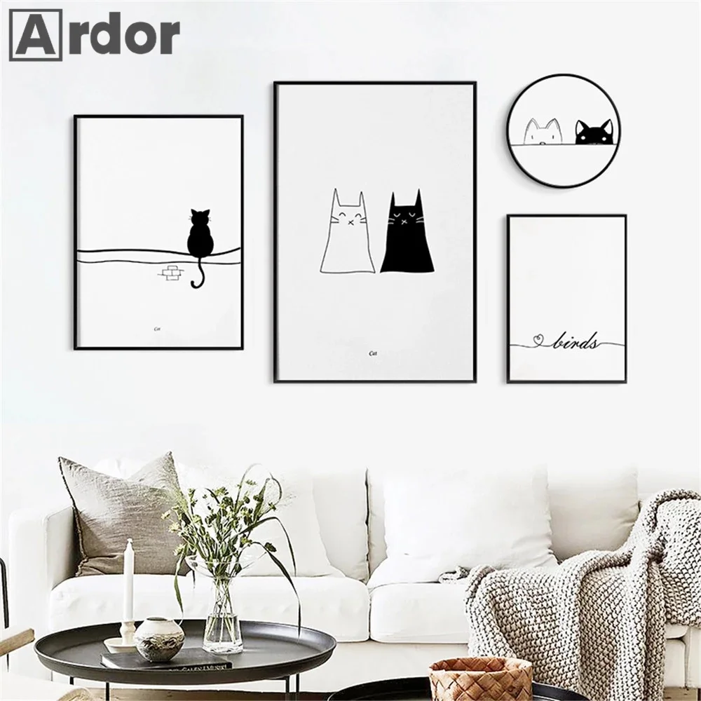 Абстрактная кошка рисование по линии плакат и печать черно-белая Картина на