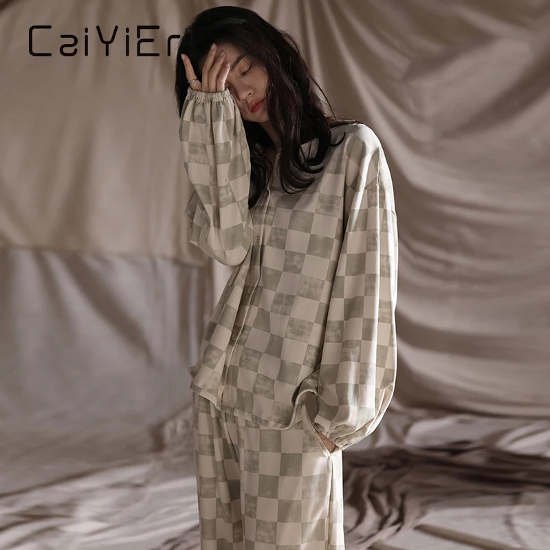 

CAIYIER 2022 Winter Warm Cotton Pajamas Set Grid Korean Women Nightwear Long Sleeve Long Pants Casual Cardigan Girls Loungewear