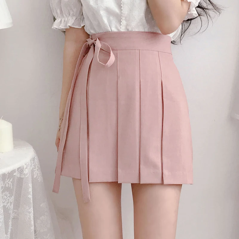 

Bow Lace Up A-Line Summer Mini Skirt Korean Style Empire Skirts Womens Woman Clothing Pleating Jupe Femme Faldas Mujer Moda 2022
