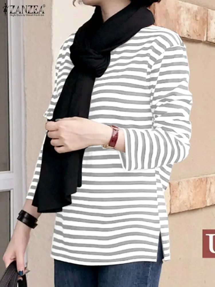 

2023 ZANZEA Stylish Long Sleeve Tops Spring Stripe Printed Elegant Blouse Women O-Neck Casual Shirt Female Work Vintage Chemise