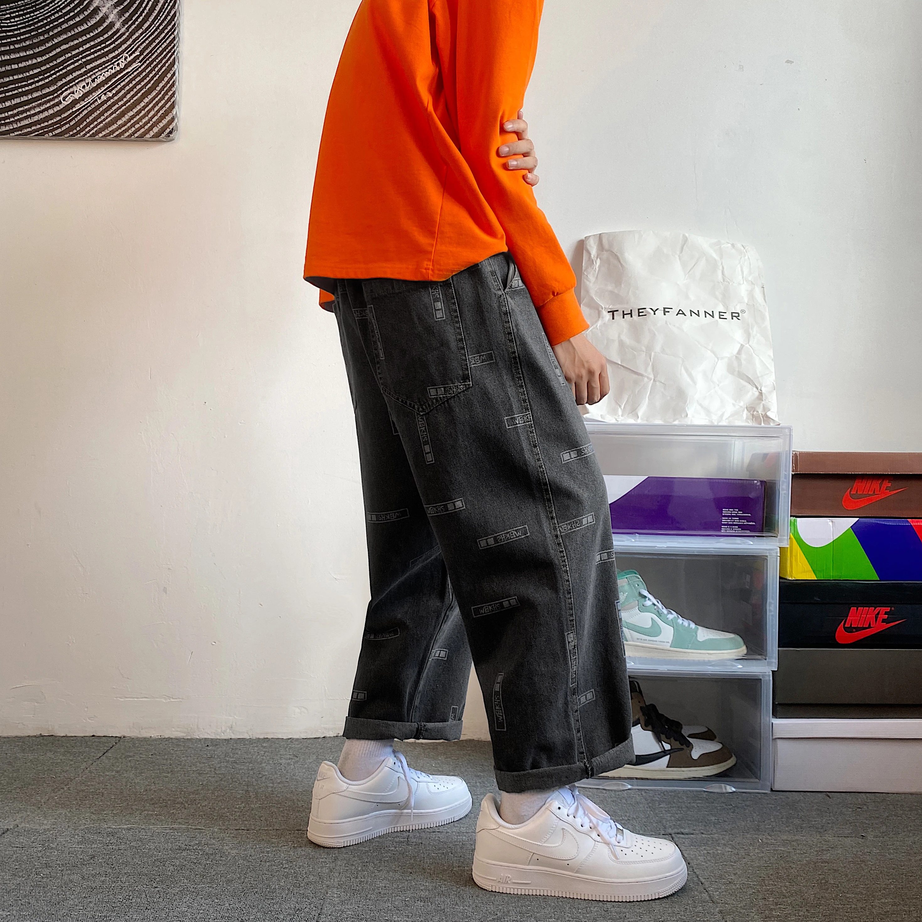 High Street Letter Print Straight Baggy Black Jeans For Men Casual Korean Fashion Denim Trousers Y2K Streetwear Clothings