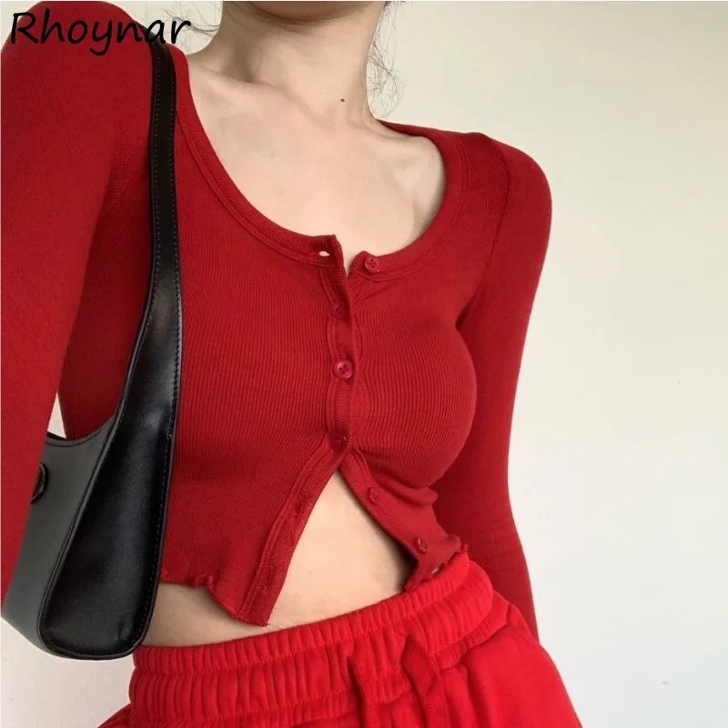 

Женская футболка с длинным рукавом, красная однотонная привлекательная приталенная повседневная одежда в стиле High Street Y2k, укороченные топы, шикарная одежда на весну