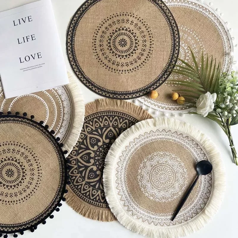

Bohemian Cotton Woven Placemat Table Mat Pad Round Flower Insulation Dining Non-slip Tassels Coaster Kitchen Decoration