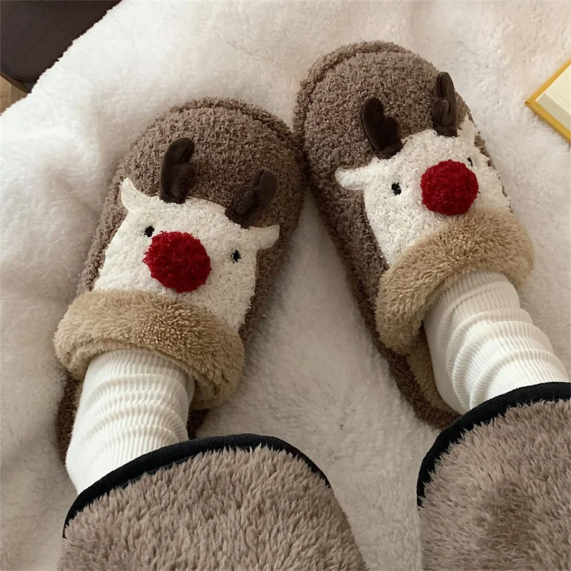 Winter Cartoon Elk Cotton Slippers Design Slip-On Women Soft Sole Warm Plush Ladies' Slides Indoor Cute Gift Memory Foam Shoes