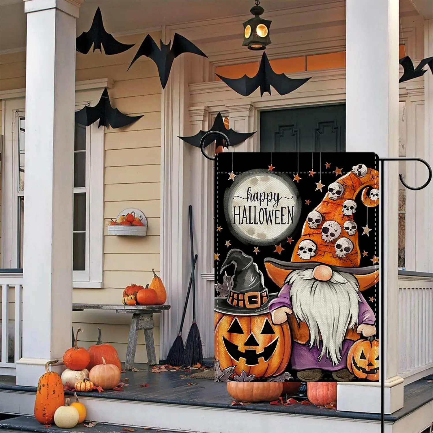 Фото Декоративный садовый флаг Dyrenson Happy Halloween Gnome, забавный флаг с тыквой-фонарем и черепом для украшения двора и дома, Moon UUN №2