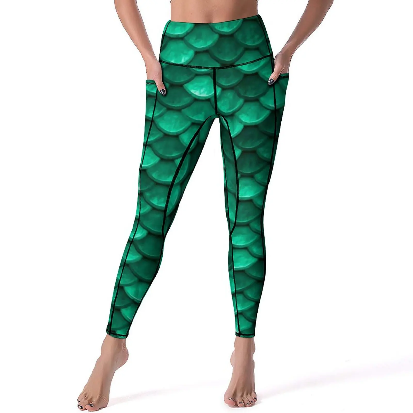 

Зеленые Леггинсы русалки с карманами, красивые штаны для йоги в виде рыбьей чешуи с высокой талией, леггинсы для спортзала и йоги, повседневные Стрейчевые спортивные штаны