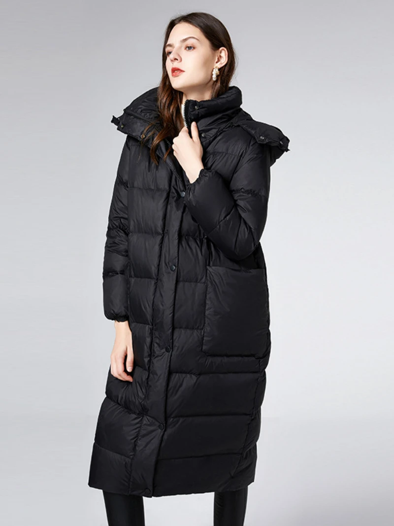 Down Jacket Women Mid-length Waist Thin White Duck Down Warm Hooded Winter Coat Down Jacket